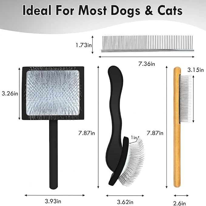 Large Slicker Brush for Dogs - 3-Piece Solid Wood Dog Grooming Kit for Doodles and Poodles - for Wavy, Curly & Matted Hair, Black