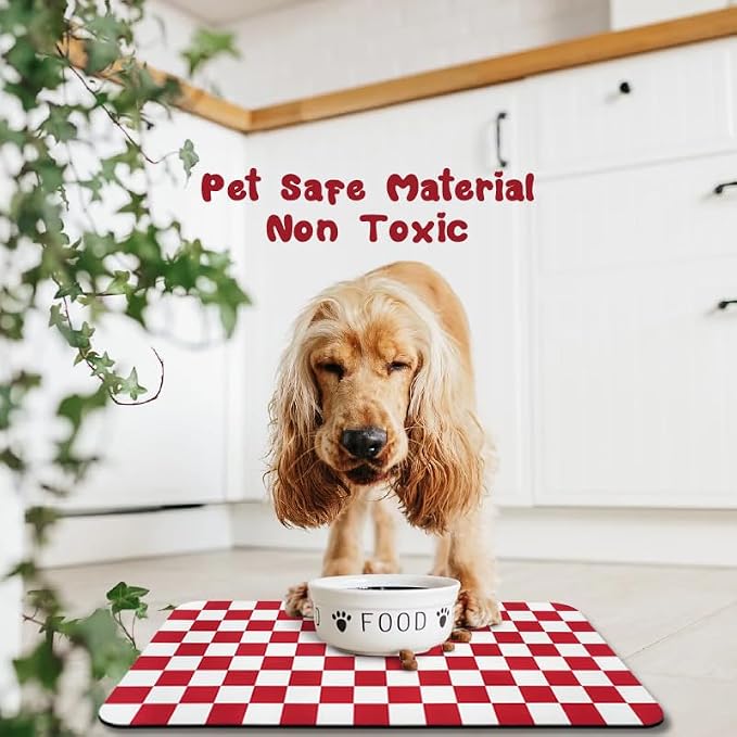 Dog Food Mats for Floors Waterproof, Pet Water Bowl Mats Pet Feeding Absorbent Placemats Plaid 17 * 30 inch