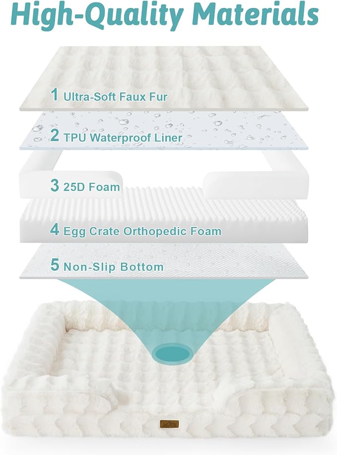 COZY KISS Orthopedic Dog Bed for Large Medium Size Dog, Soft and Warm Faux Fur Sofa for Pet Up to 75 lbs, Foam Bolster Anti-Slip Couch with Washable Removable Cover, L 36x27x6.5 inch, Beige