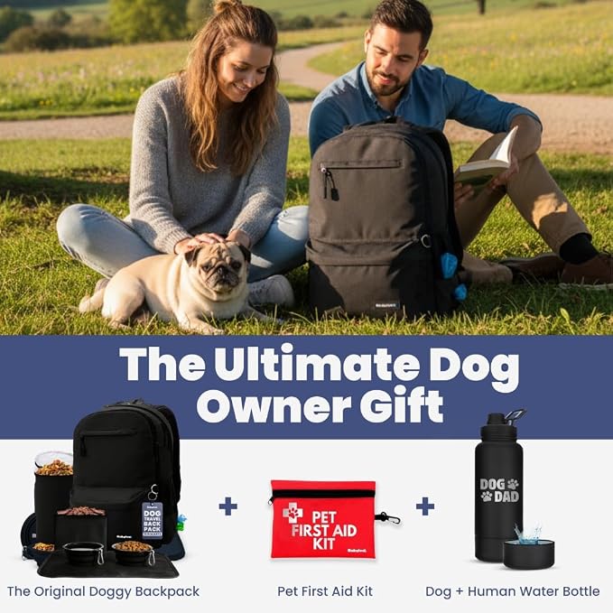 Dog Travel Bag for Supplies - Complete Dog Diaper Bag Backpack with 2 BPA-Free Travel Bowls, Treat Pouch, Food Container, Placemat & Laptop Sleeve – for Traveling, Road Trips, Hiking: Black