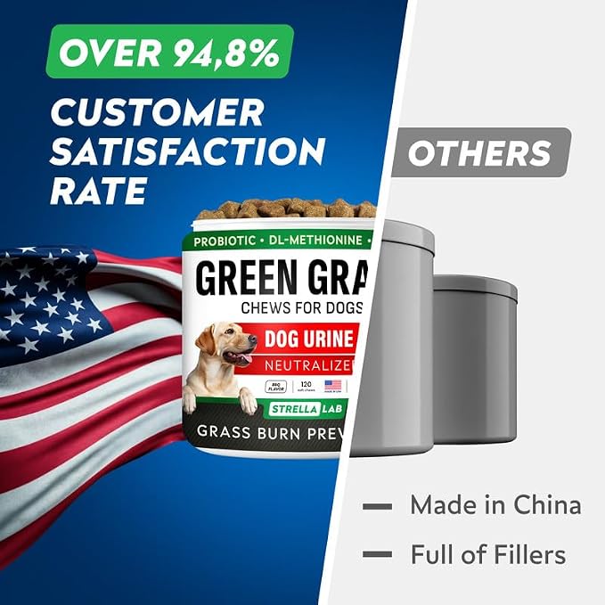 STRELLALAB Dog Pee Grass Chews - Urine Neutralizer for Green Grass Burn Spots - Grass Treatment for Pet Urine - Green Lawn Chews for Dogs with Probiotics - Made in USA (240Ct)