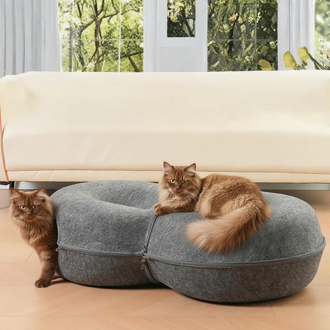 Trivon Peekaboo Cat Tunnels for Indoor Cats, Cozy Indoor 8-Shaped Donut Hideaway Bed with 12 Toy Balls, Bonus Bird Toy and Toy Gun, Scratch-Resistant, Detachable & Washable Design