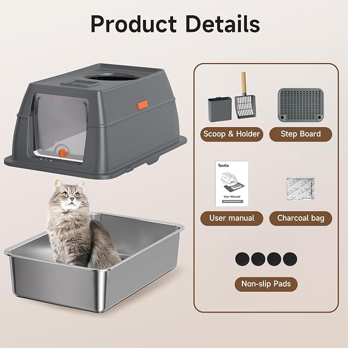 Extra Large Stainless Steel Litter Box with Lid, High Sided Enclosed Metal Cat Litter Pan, Dog Proof Front Entry Top Exit, Odor Control Easy Clean Leak Proof, Includes Scoop & Step, Grey
