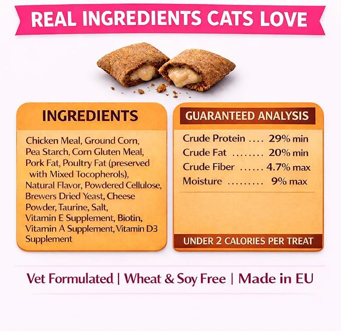 Calming Cat Treats for Indoor Cats – Crunchy Pillow Bites Gooey Center – Chicken Low Calorie Kitty Treats – Cat Snacks Food Topper Training Wheat Soy Free Healthy Dental – 6oz (Packaging May Vary)
