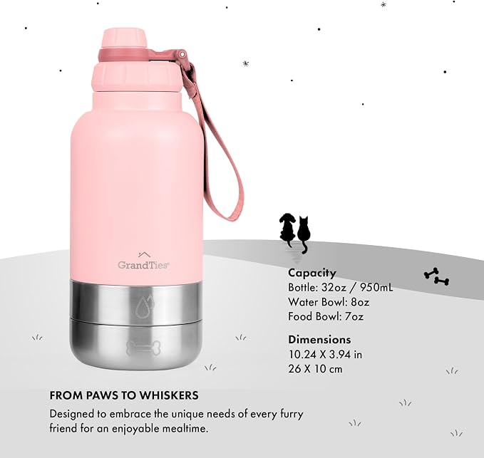 GrandTies Insulated Portable Dog Water Bottle with 2 Detachabl Water Bowl Dispenser | Leak-Proof Pet Food Travel Container | Dog Accessories for Walking, Hiking, Camping (32oz, Peach Creme)