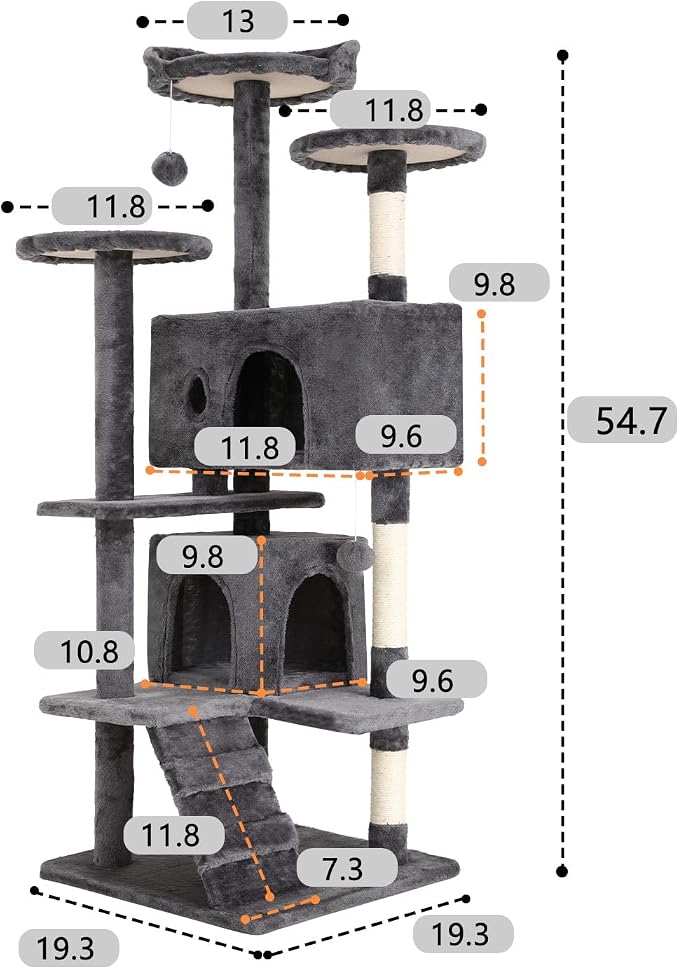 BestOffice 54 Inch Cat Tree, Multi-Level Cat Tower with Condo, Perches, Sisal Scratching Posts, Climbing Ladder,Indoor Activity Center Play House for Kittens & Adult Cats,Light Gray
