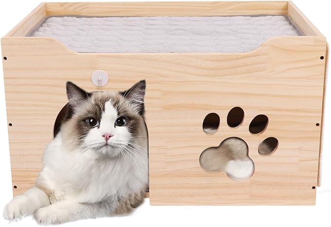 Large Wooden Cat House for Indoor Cats- Cat Scratcher House, Sturdy Cat Playhouse Cat Bed Cave,Cat Scratchers with Sisal Scratching Board, Wooden Cat Condos, Cat Cubes, Cat Hideaway