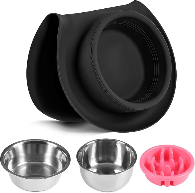100% Waterproof BPA Free Pet Dog Bowls2 Stainless Steel(53oz+27oz) with 1.35“ Raised Edge Silicone Mat + Slow Feed Dog Water and Food Bowls for Feeding Small Large Dogs Cats Puppies (Black)