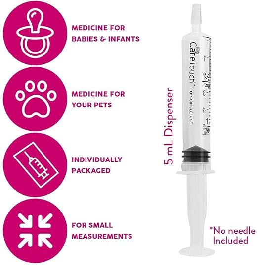 Care Touch 100 Pack 5 ml Syringes Without Needle - Disposable Oral Syringe with Luer Slip Tip - Liquid Medicine Syringes for Children, Babies, Infants, Pets - Individually Wrapped and Leak Resistant