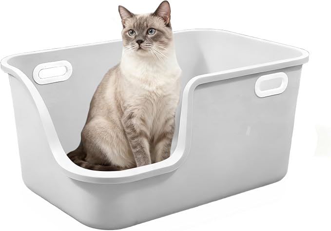SpaceTime Extra Large Cat Litter Box with High Sides,Jumbo Low Entry Kitty Litter Pan with Portable Handles,XL Multi Cat Boxes for Indoor Kittens,Senior & Big Cats,Anti-Splashing,Easy to Clean (Grey)