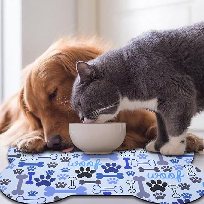 Dog Food Mats for Floors Waterproof, Pet Feeding Absorbent Water Bowl Mat Cat Placemats Blue Bone Shape 23.6 * 15.7 inch
