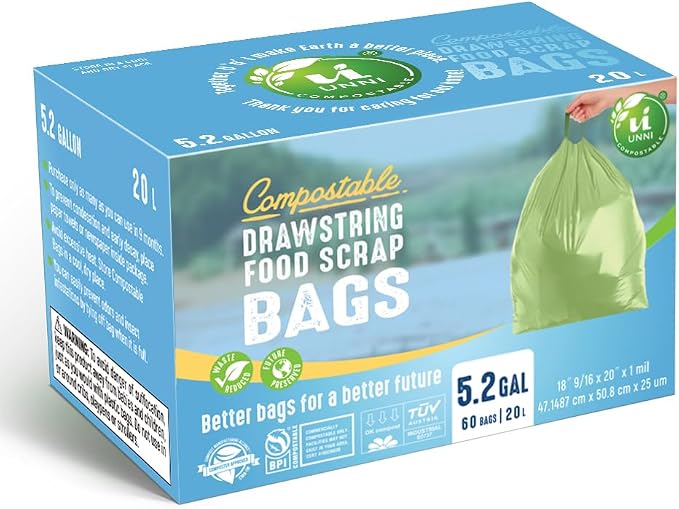 UNNI Compostable Drawstring Bags, 5.2 Gallon, 20 Liter, 60 Count, Heavy Duty 1 Mil, Small Kitchen Food Scrap Waste Bags, ASTM D6400, US BPI, CMA & Europe OK compost Certified, San Francisco