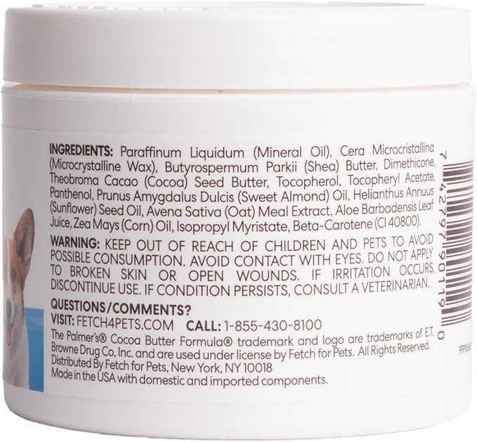 Palmer's for Pets Cocoa Butter Paw Pad and Nose Balm for Dogs, Fragrance Free Dog Skin Soother with Vitamin E for Dry Paws and Noses, Plant Based Formula, 3.5 Oz