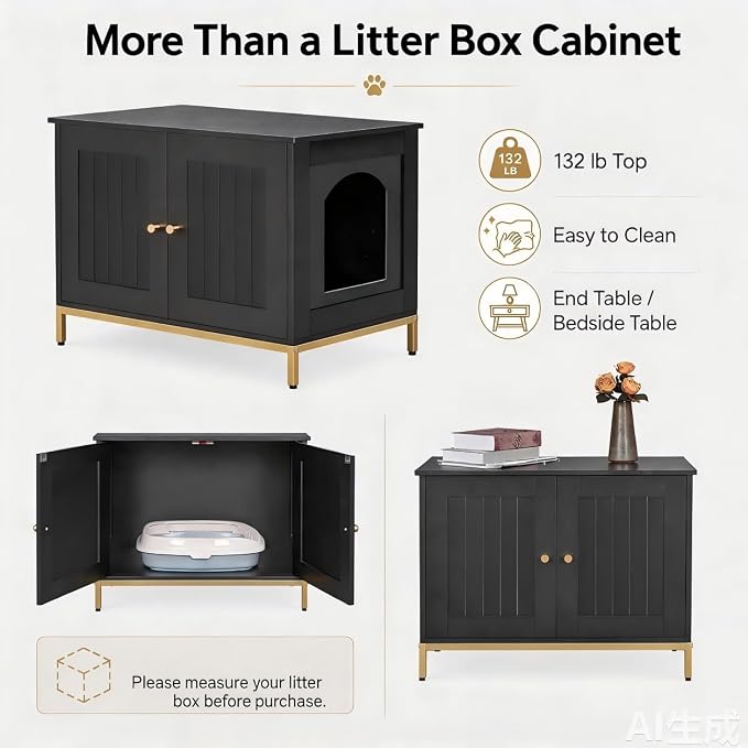 Homhedy Cat Litter Box Enclosure, Cat Washroom Furniture with Metal Frame, Pet House, Fit Most of Litter Box, Modern Style, Black and Gold