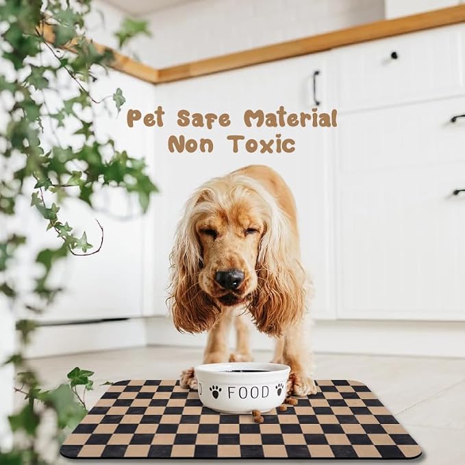 Dog Food Mats for Floors Waterproof, Pet Water Bowl Mats Pet Feeding Absorbent Placemats Plaid 17 * 30 inch