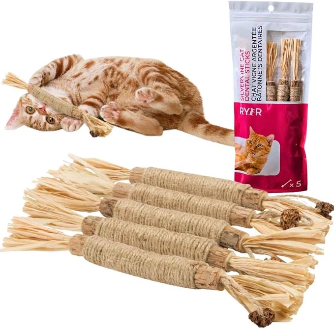 RYERCAT Silvervine Sticks for Cats - 100% Natural Cat Chew Toy for Aggressive Chewers and Kitten Teething - Pet Friendly, Smooth Finish, Irresistible Taste and Smell (5 Pack)