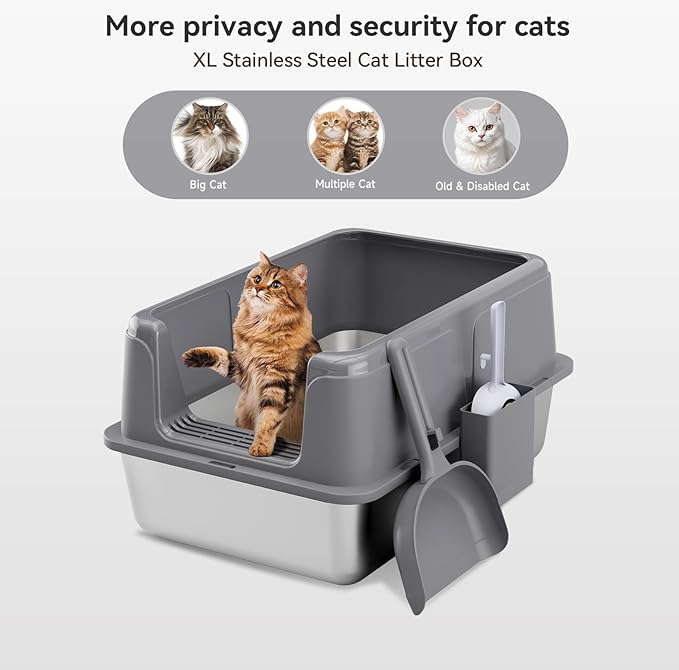 Stainless Steel XL Cat Litter Box for Cats, High-Sided Design Prevents Urine Leakage, Non-Stick, Easy to Clean, Includes Scoop, Grey