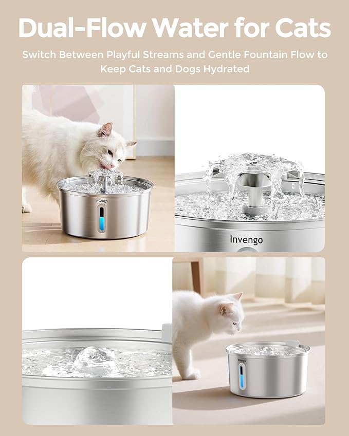 Invengo Cat Water Fountain Stainless Steel, 3.2L/108oz Pet Drinking Fountain for Cats Dogs Bundle