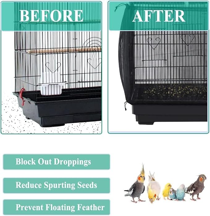 Bird Cage Seed Cather with Pet Bird Parrot Colorful Cotton Rope, Universal Adjustable Birdcage Cover Skirt Nylon Mesh Netting Parrot Parakeet Macaw African Round Square Cages Cover