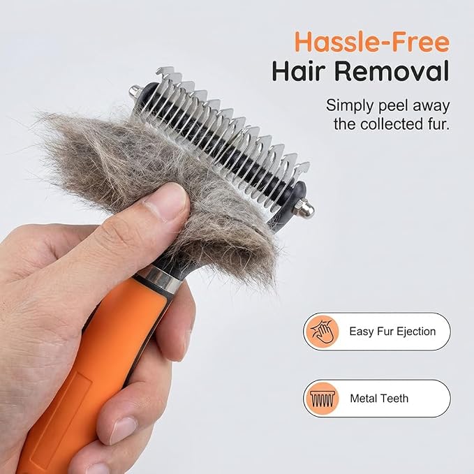 Double Sided Dematting Comb, 2026Undercoat Rake Deshedding Grooming Tool, Pet Hair Detangler Brush for Removing Tangles Knots and Loose Fur, Grooming Comb for Long Thick Coats (1, Orange Set)