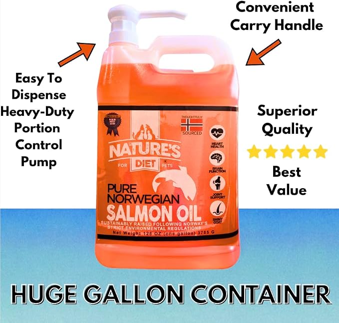 Nature's Diet Pet 32 oz Norwegian Salmon Oil Dogs & Cats - Natural Support for Joint Function Immune Heart Health Appetite Skin & Coat Omega 3 6 9 Liquid Food Topper EPA DHA Fatty Acids (1 Gallon)