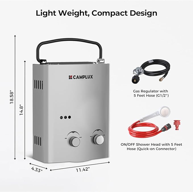 CAMPLUX Portable Tankless Water Heater, 1.32 GPM 5L Propane Water Heater for Camping, RV & Off-Grid, Instant Outdoor Hot Water Shower System with Gas Regulator, Battery Powered, AY132G, Gray