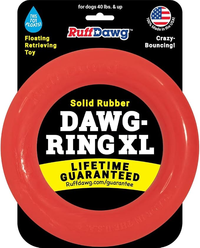 Ruff Dawg Indestructible Dawg-Ring XL 8” 1pc Color Varies – Heavy-Duty Solid Rubber Tug & Fetch Toy for Dogs 40 lbs & Up – Floats & Bounces – Made in USA