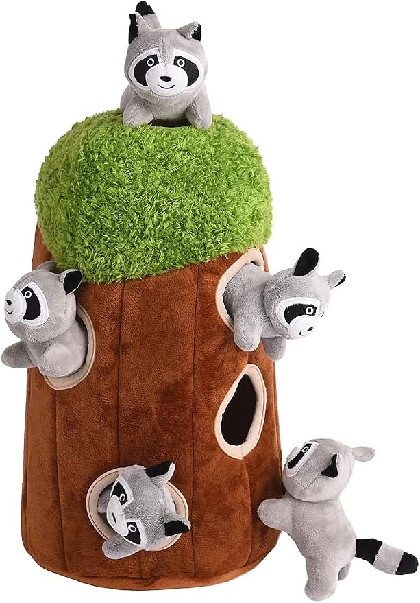 Glow Pups Dog Puzzle Plush Toy Tree with Squeaky Raccoons, Interactive Hide and Seek Fun, Promotes Mental Stimulation, Large Size, Brown/Gray Plush, 5-Pack (Raccoon in Tree, Large)
