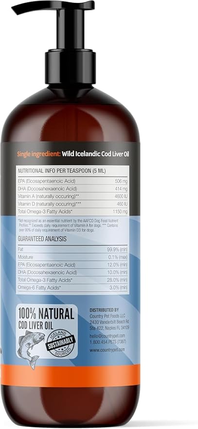 Wild-Caught Pure Icelandic Cod Liver Oil for Dogs & Cats,1150 mg Omega-3 per TSP, High EPA & DHA, Natural Vitamins A & D, Supports Healthy Skin & Coat & Mobility, Single-Ingredient, 100% Pure