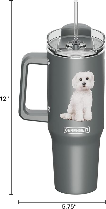 E&S Pets SERENGETI 40 Oz Ultimate Tumbler with Handle and Straw - Vacuum Insulated Tumbler with Straw and Lid - Stainless Steel Travel Mug for Pet Lovers - 3D Designs of your favorite Dog (Maltese)