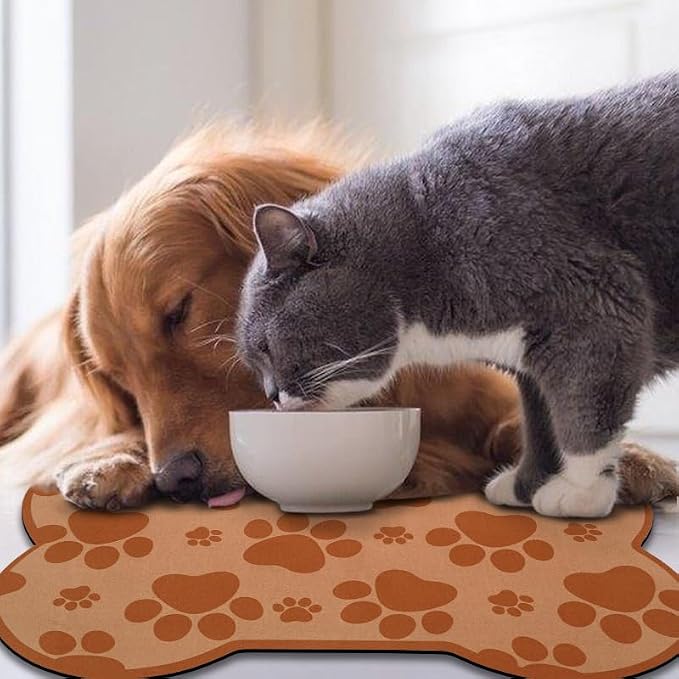 Dog Food Mats for Floors Waterproof, Pet Feeding Absorbent Water Bowl Mat Cat Placemats Brown Bone Shape 19 * 12 inch