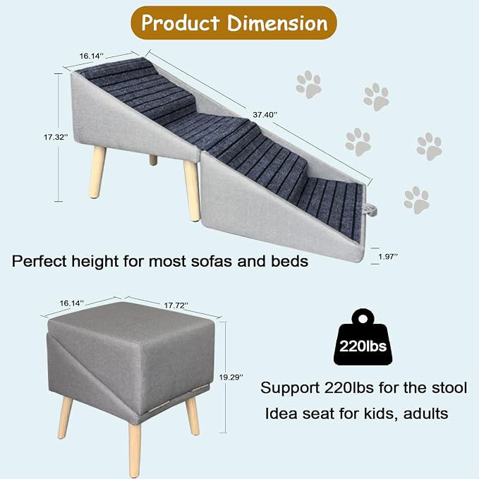 3-in-1 Dog Stairs for Small Dogs 17.32'' H Folding Dog Ramp for Bed Couch Supports 220 lbs Ottoman Footstool Upgraded Pet Stairs for Bed Sofa Anti-Slip Puppy Stairs for Small Dogs Older Injured