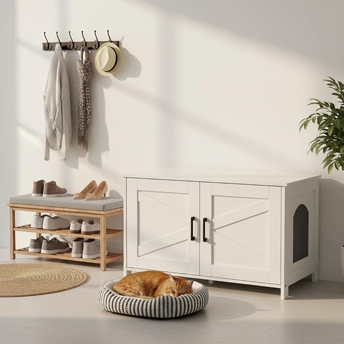 Homhedy Cat Litter Box Enclosure, Wooden Cat Washroom Furniture with Barn Door, Pet House, Fit Most of Litter Box, White