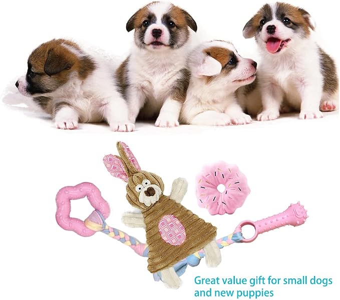 Puppy Toys for Teething Puppies, Puppy chew Toys for Small Dogs, Squeaky Bunny Dog Toys for Puppies, Small Puppy,Pink, 4pcs