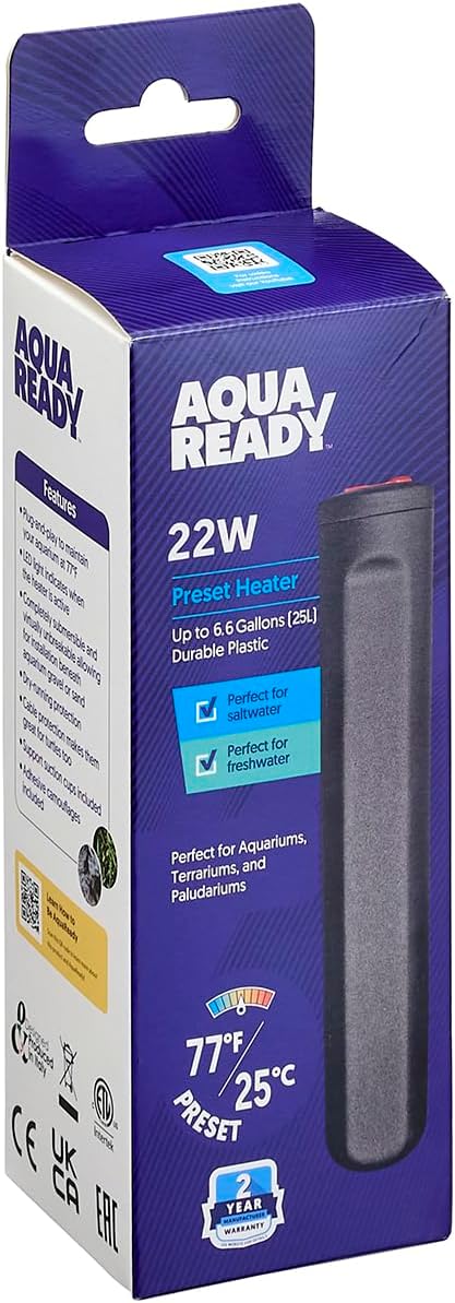 AquaReady 22w Preset Aquarium Heater - Submersible Fish Tank Heater for Freshwater & Saltwater Aquariums, Reliable & Energy Efficient, Compact Design for 6 Gallon Tanks
