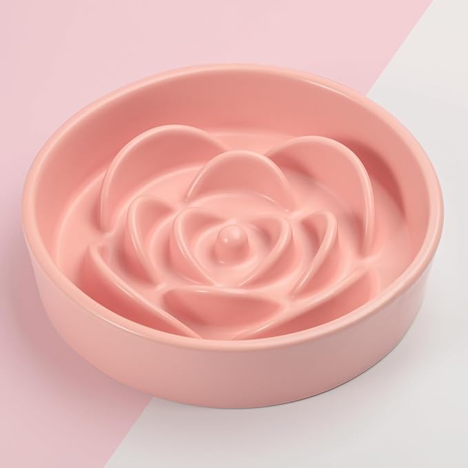 Pink Ceramic Slow Feeder Dog Bowl for Small and Medium Breed,Elevated/Raised 6.1 in Slow Feeding Bowl,Puzzle Dog Food Bowl for Fast Eater,Maze Dish for Fast Eater