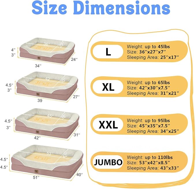 Chez Paw Large Orthopedic Dog Bed for Extra Large Dogs, Waterproof XL Egg-Crate Foam Dog Bed with Removable Washable Cover & Non-Slip Bottom, 4-Sided Bolster Support, Pink 42"x30"x7.5"