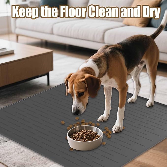 40"x30" Extra Large Silicone Pet Food Mat, XXL Pet Feeding Mat with Raised Edges, Waterproof Dog Bowl Mat for Food and Water, Cat and Dog Placemat for Floors, Light Brown