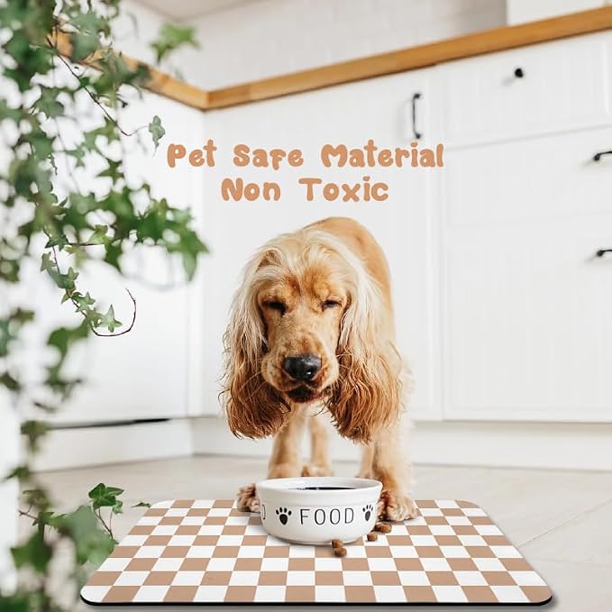 Dog Food Mats for Floors Waterproof, Pet Water Bowl Mats Pet Feeding Absorbent Placemats Plaid 16 * 24 inch