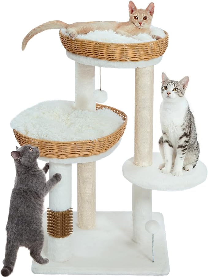 Made4Pets 32in PE Rattan Cat Tree Tower, 2 Large Handwoven Nest Baskets with Soft Cushions, Scratching Post, Stable Wicker Cat Tree with Groomer & Hanging Ball Toys for Adult and Kittens