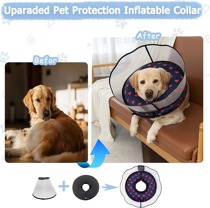 Inflatable Dog Cone Collar with Enhanced Anti-Licking Shield – Soft Adjustable Recovery Collar for Dogs & Cats After Surgery – Fits Large, Medium, Small Pets (Blue Love, Medium)