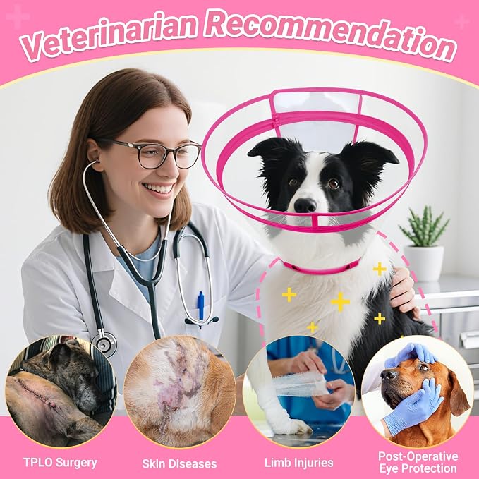 Dog Cone to Stop Licking, Clear Recovery Collar with Detachable Zipper, Sturdy Elizabethan Collar for Large Medium Small Dogs, Soft Adjustable Cone After Surgery Patented, Hot Pink XL