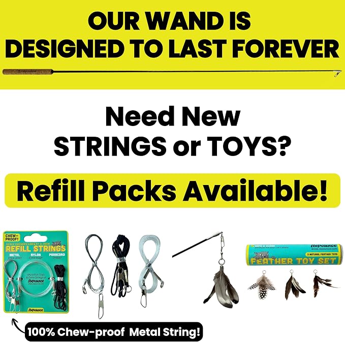 Forever Stick and 9 Cat Feather Toy Refills - The Unbreakable Cat Wand Toy, Durable Cat Toy Wand, Extra Long Cat String Toy, Cat Fishing Pole Toy for Bored Indoor Adult Cats, Cat Stick Toy