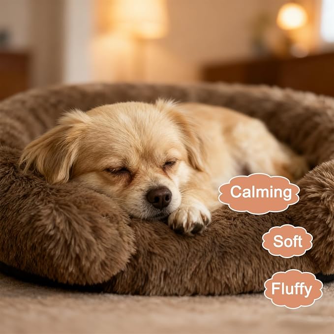 Calming Dog & Cat Beds with Orthopedic Egg-Crate Foam Raised Rim, Soft Fluffy Faux Fur Pet Sofa Couch Bed for Medium Dogs, Anxiety Relief Spine Support, Machine Washable (Round, Coffee 28")
