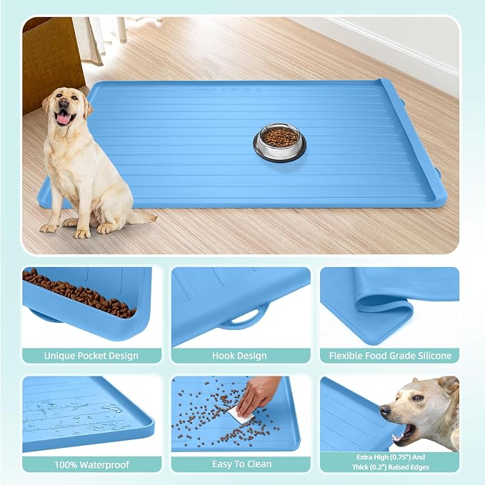 Dog Mat for Food and Water - 39.4" x 27" Large Pet Feeding Mats with Residue Collection Pocket - Waterproof Dog Cat Bowl Mat with High Edges to Prevent Water and Food Spills (Blue, 39.4''x27'')