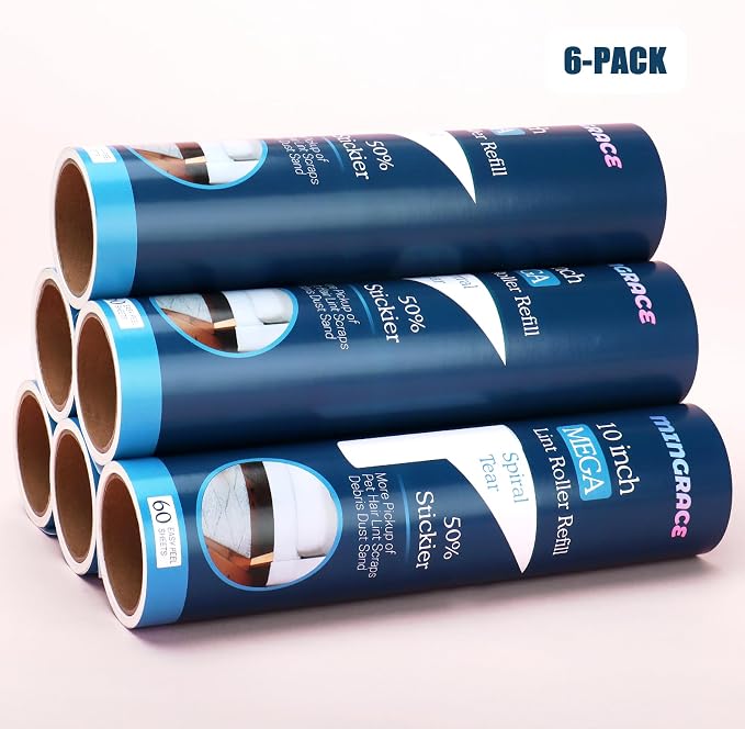 10 inch Mega Lint Roller Refills for Evercare Smart Design Layers Large Mega Lint Rollers and More, 50% More Pickup, 60 Sheets per Refill, Pack of 6, 360 Sheets Total