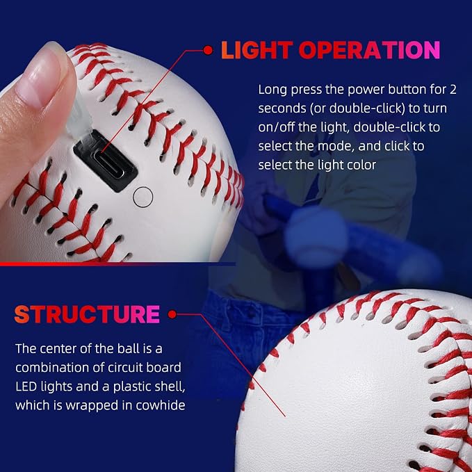 Glow in The Dark Baseball - Rechargeable LED Light Up Ball with 6 Color Changing Modes | Regulation Size & Weight for Kids, Teens, Adults & Baseball Fans
