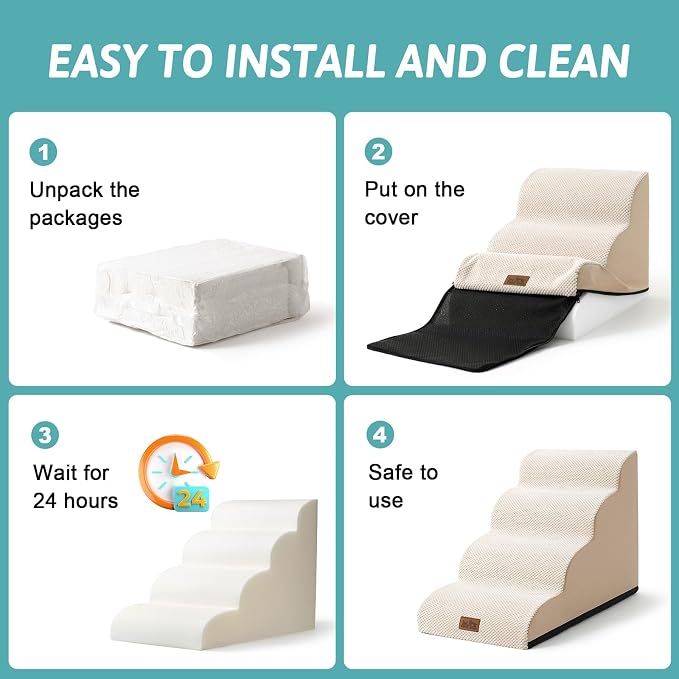 COZY KISS Dog Stairs for Small Dog 22.6" H, Curved Pet Step for Puppy, Older Cat, Medium Pet Ramp for High Bed, Ladder with High Density Foam, Durable, 5 Step, 15.7x33x22.6 inch, Beige