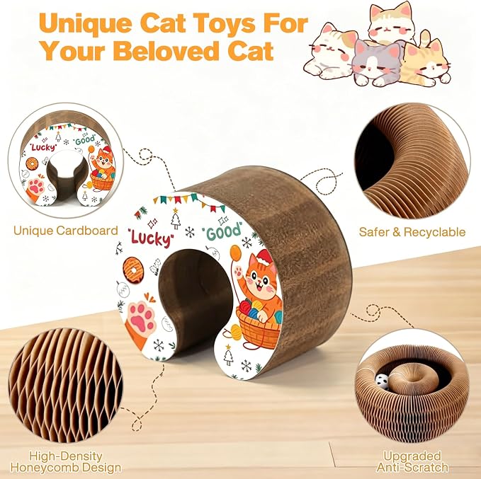 2PCS Magic Organ Cat Scratcher Boards with 4 Balls & 1 Interactive Cat Feather Toy, Foldable Recyclable Accordion Cats Toy with Ball and Track Adventure, Cat Scratching Pad