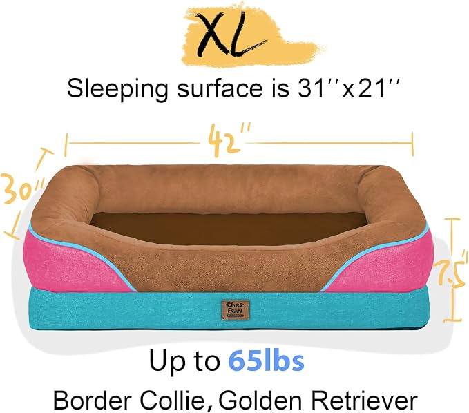 Chez Paw Large Orthopedic Dog Bed for Extra Large Dogs, Waterproof XL Egg-Crate Foam Dog Bed with Removable Washable Cover & Non-Slip Bottom, 4-Sided Bolster Support, Brown Mint 42"x30"x7.5"